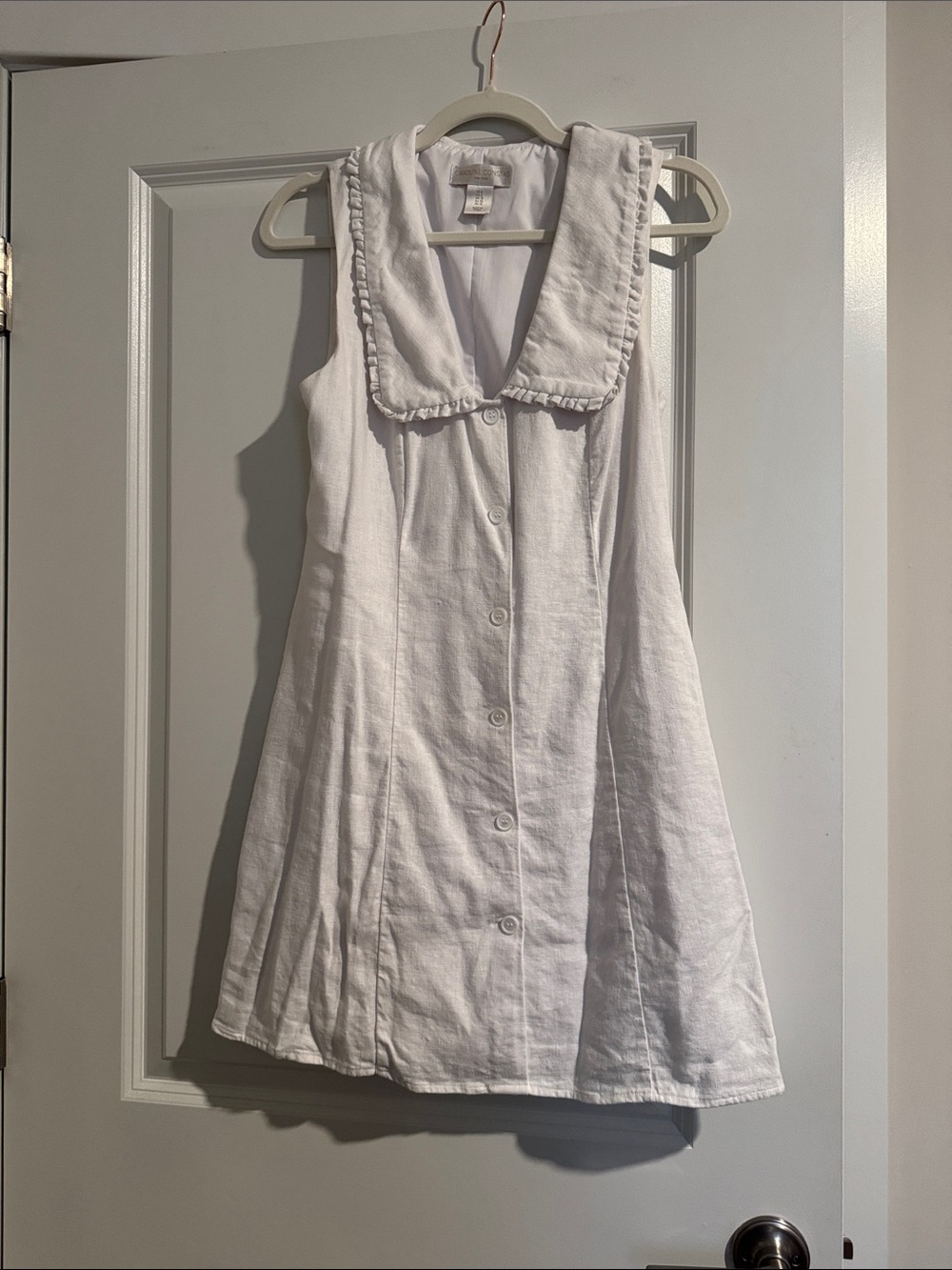 Caroline Constas White Sleeveless Button-Front Linen Blend Dress w/Ruffle Collar